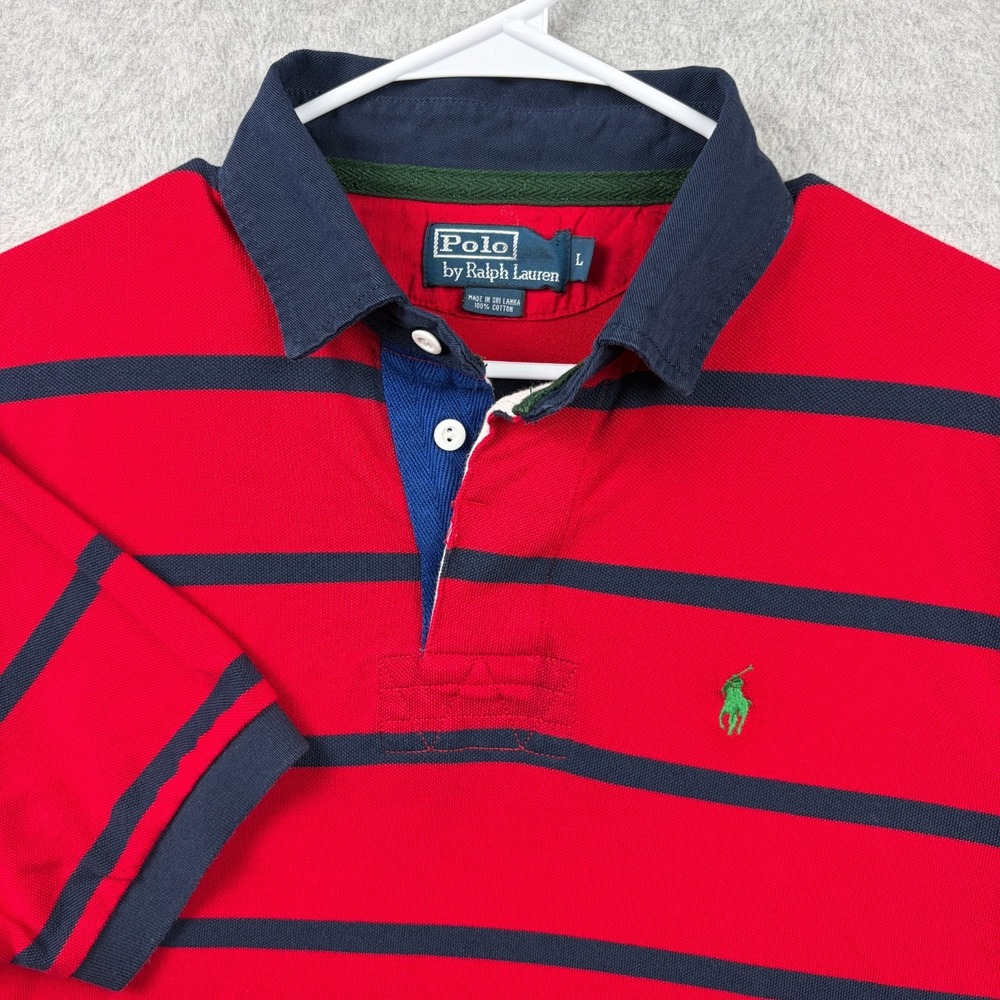 Polo Ralph Lauren Rugby Shirt Mens Large Red Striped Cotton Short Sleeve Y2K